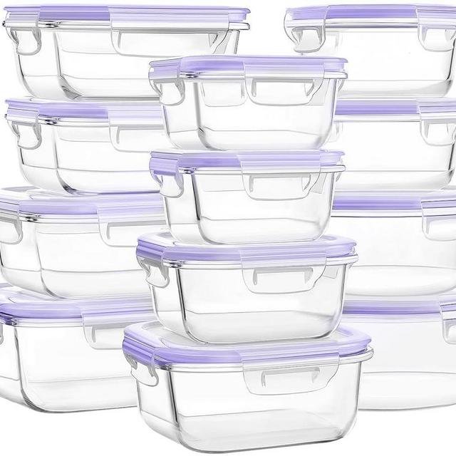 HOMBERKING 12 Sets Glass Food Storage Containers with Lids, Glass Meal Prep Containers, Airtight Glass Bento Boxes, BPA Free & Leak Proof, Pantry Kitchen Storage(12 lids & 12 Containers) - Purple