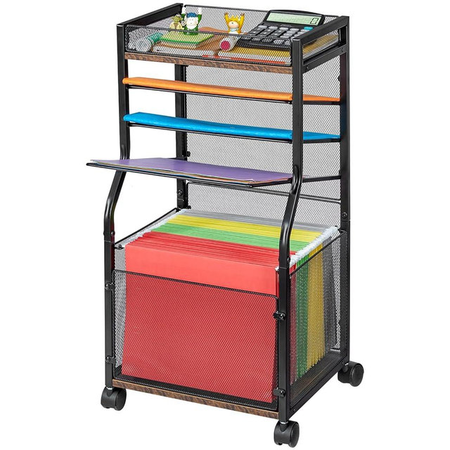 3IngSeagulls 5-Tier Rolling File Cart with Hanging File Folders, Mobile Desk File Organizer on Lockable Wheels, Wood & Mesh Paper Letter Sliding Trays Organization for Office, Home, School, Patent