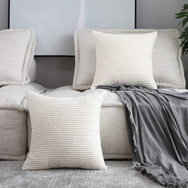 Home Brilliant Decorative Accent Pillow Covers Case Striped Corduroy Plush Velvet Cushion Cover for Couch, Set of 2, Cream Cheese, 18x18 inches (45cm)