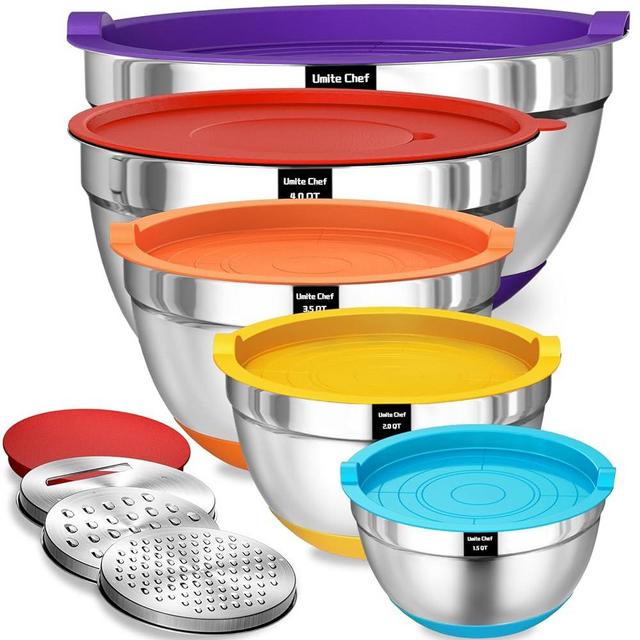 Umite Chef Mixing Bowls with Airtight Lids Set, 8PCS Stainless Steel Nesting Bowls Set, 3 Grater Attachments & Non-Slip Bottoms, Size 5, 4, 3.5, 2, 1.5QT for Baking & Mixing(Colorful)