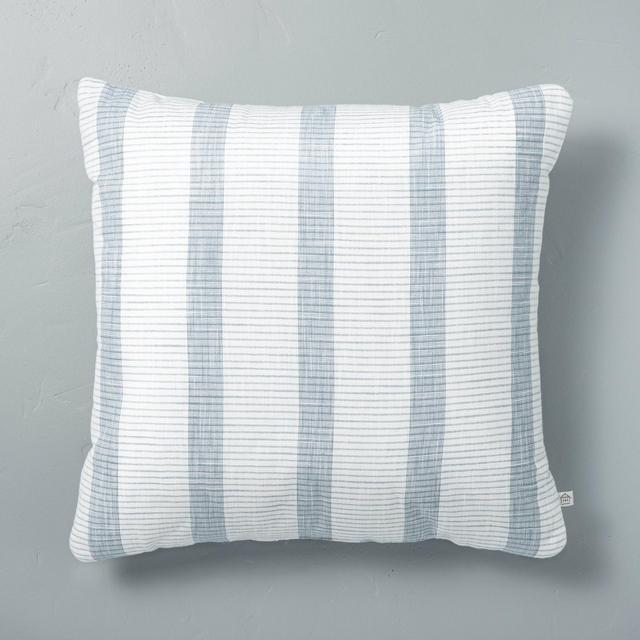 18" x 18" Bold Textured Stripe Square Throw Pillow Sour Cream/Blue - Hearth & Hand™ with Magnolia