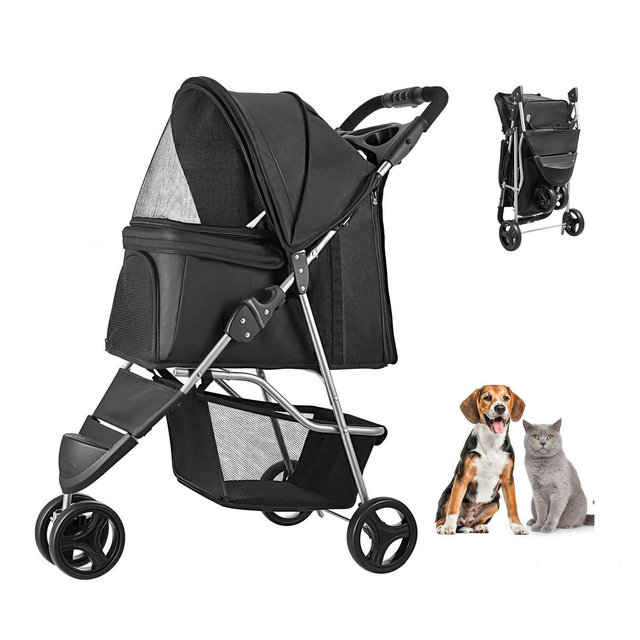 VEVOR Pet Stroller, 35 lbs Weight Capacity, Foldable Dog Stroller Cart, 3 Wheels Cats Stroller with Mesh Windows and Cup Holders, Black