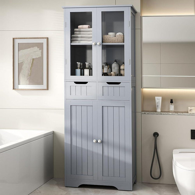 Betterhood 67" Tall Bathroom Storage Cabinet, Freestanding Cabinet with Glass Doors and Shelves, Large Bathroom Pantry with 2 Drawers for Living Room, Kitchen, Dining Room, Office, Gray