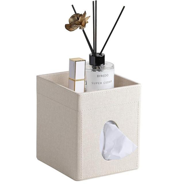 Cretkhp Tissue Box Cover, PU Leather Square Tissue Box Holder with Storage Tray for Bathroom Vanity Countertop Night Stands Bedroom Office Desk, Stylish Tissue Holder Decorative Organizer (Linen)