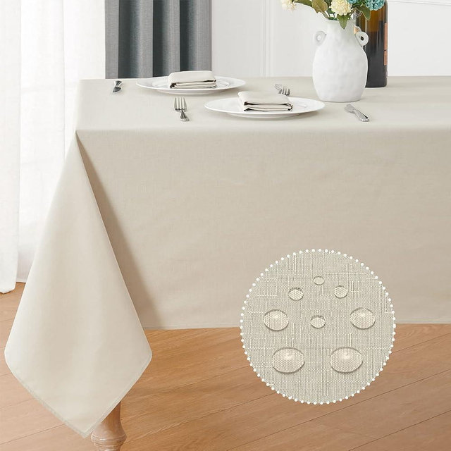 Veblandy Rectangle 10 Feet Tablecloth 60x144 inch Linen Textured Table Cloth Stain and Wrinkle Resistant Washable Polyester, Decorative Table Cover Waterproof for Dining, Buffet and Camping, Beige