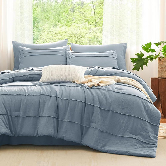 CozyLux Queen Comforter Set Grayish Blue, 7 Pieces Soft Prewashed Pinch Pleat Bed in a Bag Queen Comforter Set with Sheets, Boho Bed Set with Down Alternative Comforter, Sheets, Pillowcases & Shams