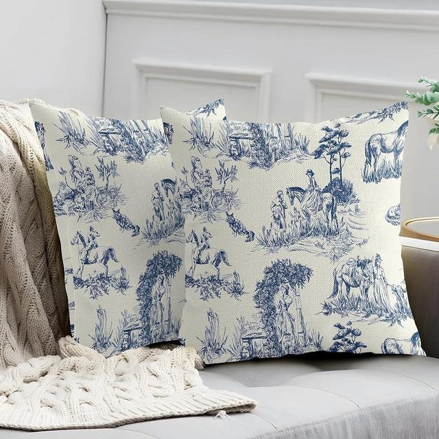 chiinvent French Vintage Toile Pillow Covers, Blue and Beige Victorian Throw Pillows Set of 2 Linen, Decorative Retro Country Invisible Zipper Pillows for Couch Sofa Bedroom Decor 18x18 Inches