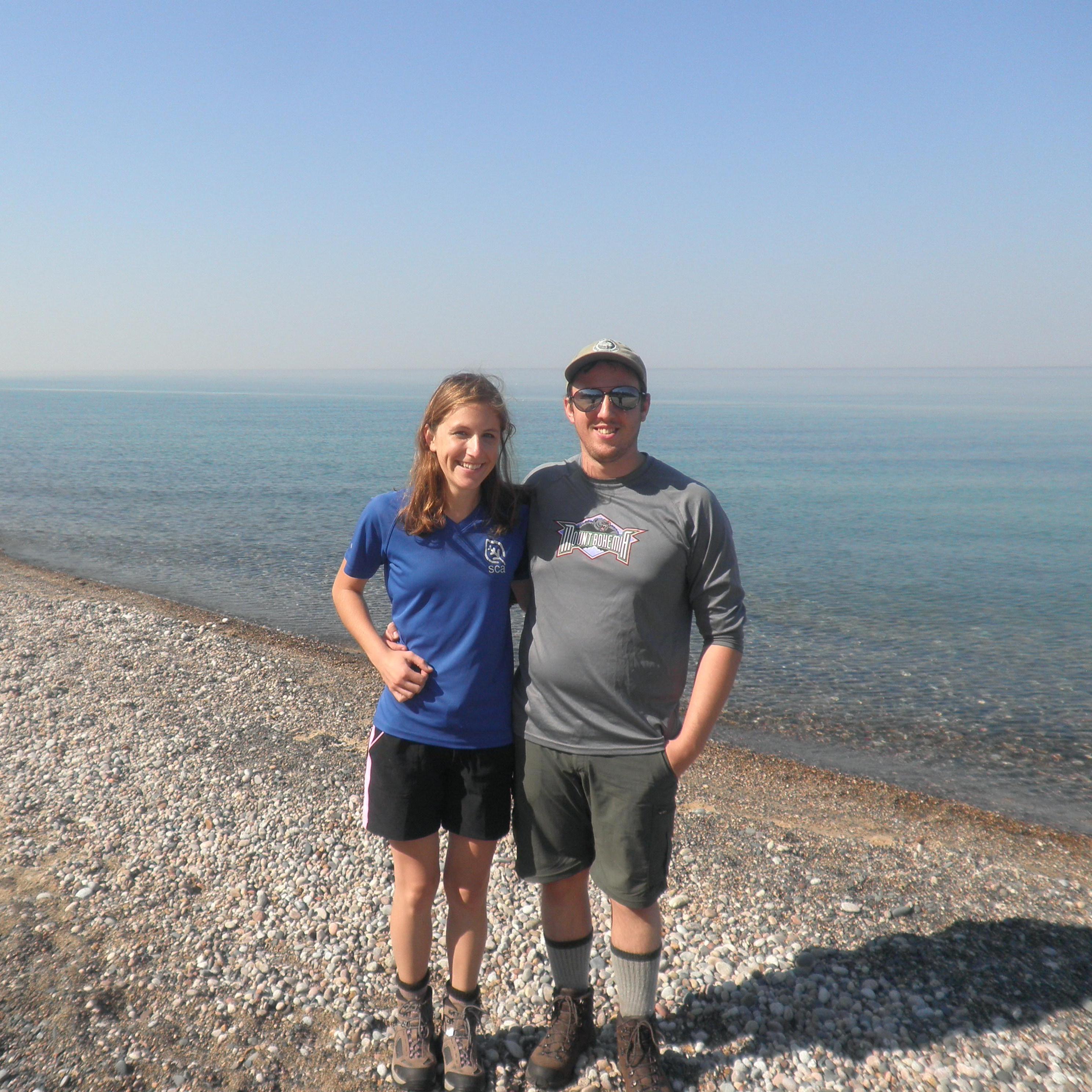 Making a fashion statement by Lake Superior, or as they call her, Gitche Gumee, in the Pictured Rocks National Lakeshore. First backpacking trip together. September 2014.