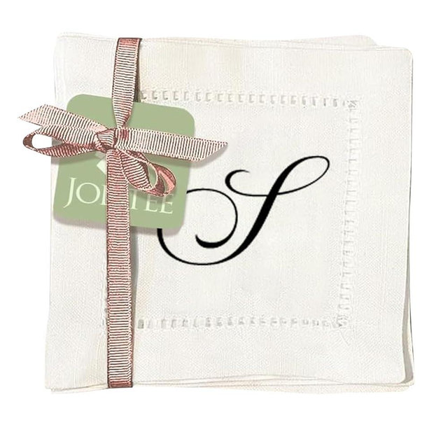 Jolitee Decorative Hemstitch Cocktail Napkins with Printed Initials S – 6"x6" Linen-Like Washable Fabric – Handmade Cloth Napkins for Entertaining, Parties, and Everyday Use