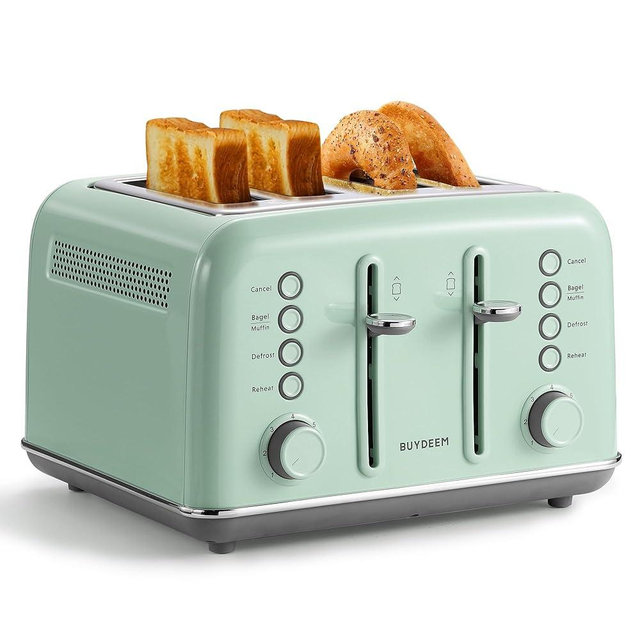 BUYDEEM DT640 Retro 4 Slice Toaster, 7 Shade Settings, Extra Wide 1.5'' Slots, Stainless Steel Toaster with Bagel Muffin Defrost Reheat Function, Green