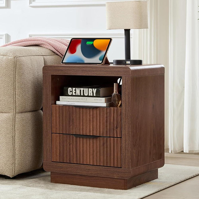 YANSNWO Walnut Nightstand with Charging Station, 23.6" H Modern Bedside Table with Thickened Curved Profile Design, End Table with 2 Drawers for Bedroom