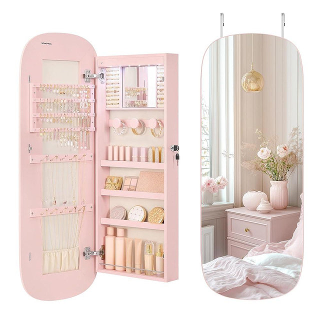 SONGMICS Jewelry Organizer, LED Jewelry Cabinet Wall/Door Mounted, Lockable Rounded Wide Mirror with Storage, Interior Mirror, 3.9 x 16.5 x 42.5 Inches, Jelly Pink Surface with Cream White Lining