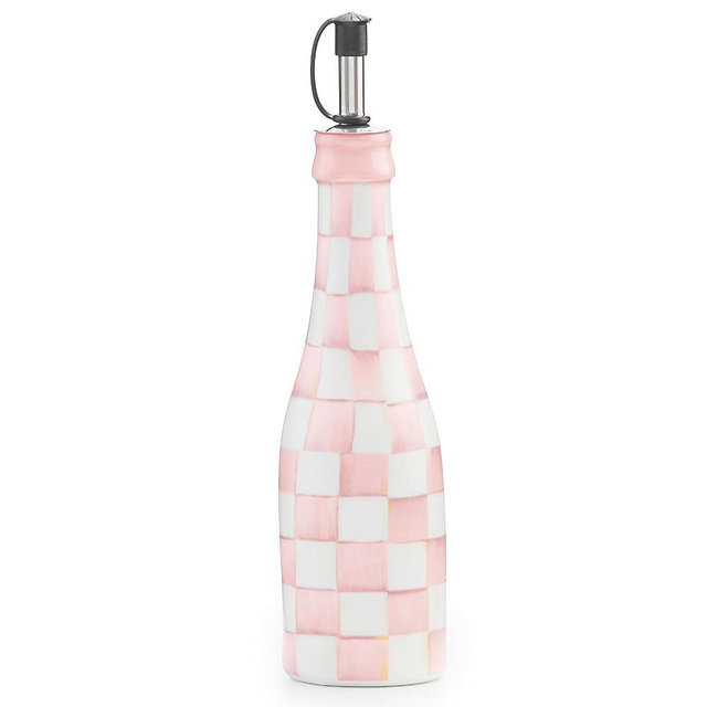 MACKENZIE-CHILDS Ceramic Farmhouse Oil Cruet, Ceramic Oil-Dispenser Bottle, Pink-and-White Rosy Check