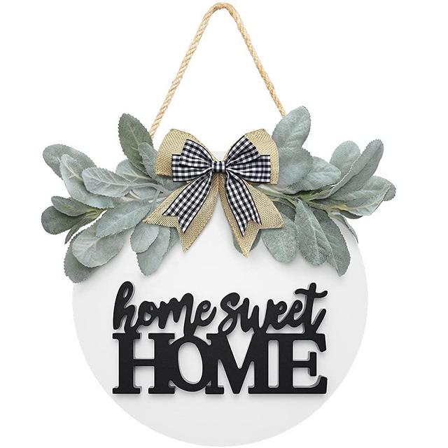 Welcome Home Sweet Home Sign for Front Porch Door Décor Farmhouse Wreath Sign with Premium Greenery and Bow- Wooden Door Sign for Wreath Door Hanger, Housewarming for Home Décor