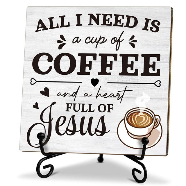 Coffee Bar Decor, Coffee Station Signs Jesus Sign, Christian Gifts Home Office Desk Decor Wood Sign -MP39