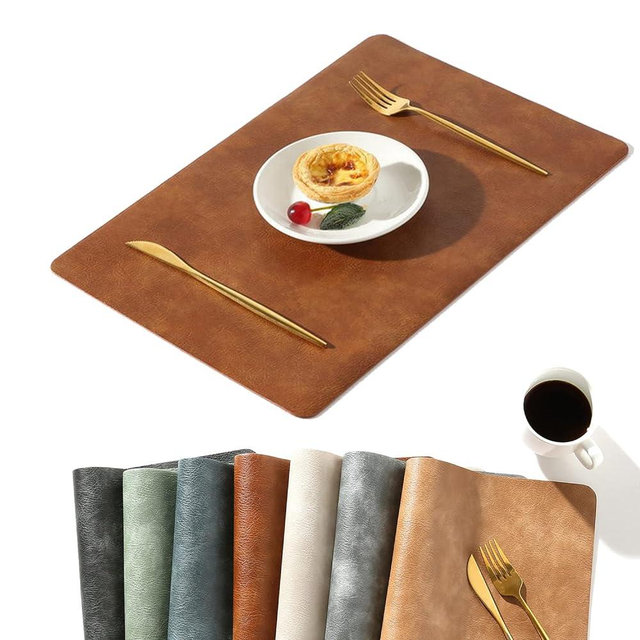 Univo Colors Washed Cowhide Pattern PU Leather Placemats Set of 4 Heat Resistant Kitchen Table Mats, Waterproof Wipeable for Party Decoration(Red Brown)
