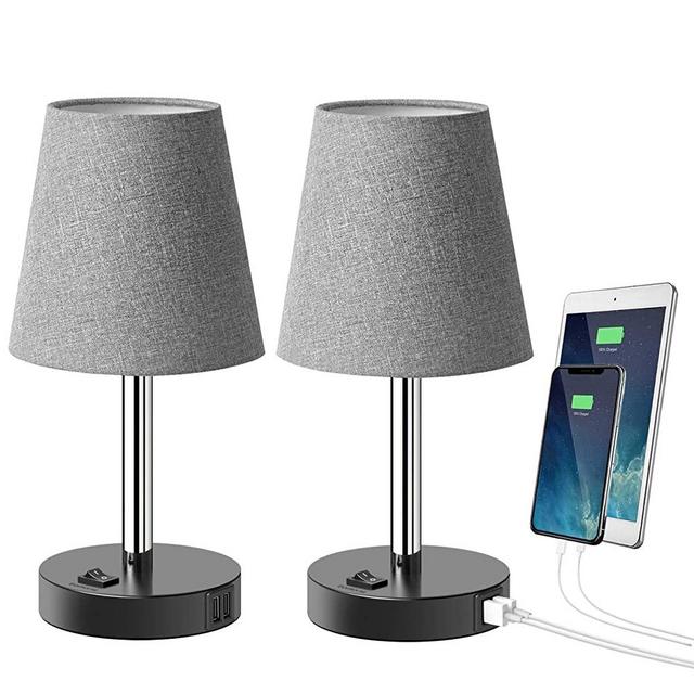 Tomons USB Table Lamp with 2 USB Charging Ports, Modern Minimalist Bedside Lamp Design Nightstand, Gray Fabric Shade Metal Desk Lamp for Bedroom, Living Room, Office, Guest Room, Kid’s Room-Set of 2