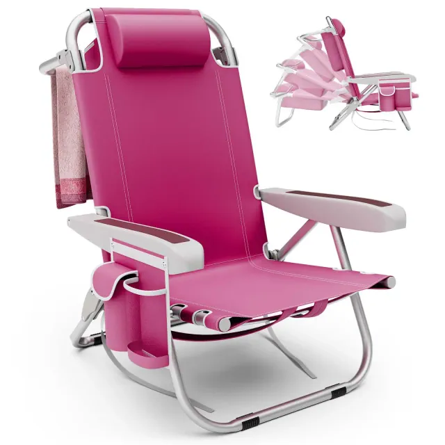 Costway 1 PCS Folding Beach Chair for Adult Lightweight Aluminum Camping Chair withStorage Bag Pink