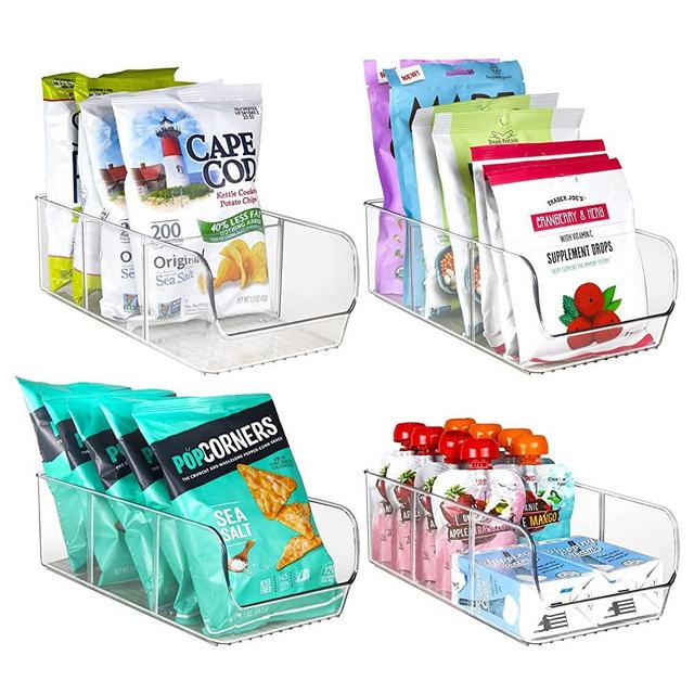 Food Organizer for Pantry– 3 Compartment Organizer for Kitchen Cabinet with Removable Dividers –Seasoning Packet Organizer - Clear Storage Bins, Refrigerator Bins, Cupboard Storage Bins - 4 Pack