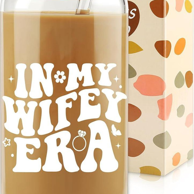New Wifey Gifts, Bride Wedding Gift, Bridal Shower Gifts, Newlywed Present for Bride, Bride to Be Gift Idea, In My Wifey Era Ice Coffee Cup, Newly Married, Wife Present, 16 OZ Glass Cup w/ Lid & Straw