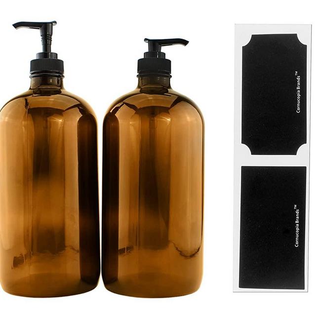 32-Ounce Amber Glass Lotion Pump Bottles (2-Pack); Quart Size Brown Bottles w/Black Plastic Soap, Hand Care & Lotion Locking Pump Dispensers; Includes Chalk Labels