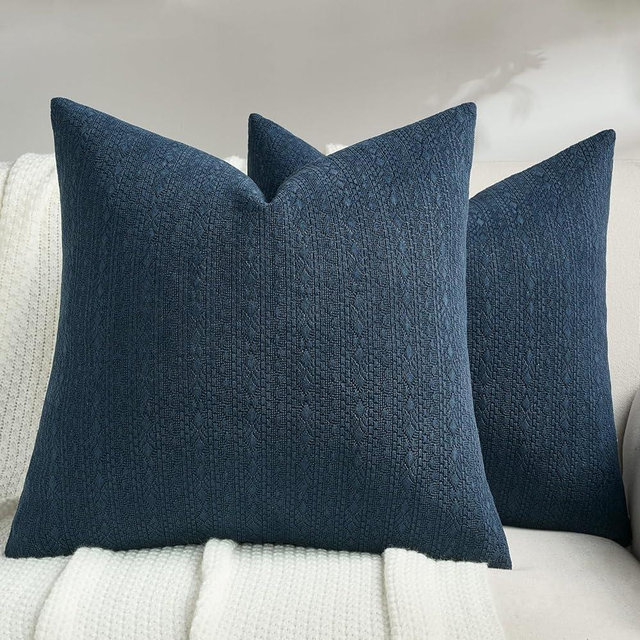 FUTEI Pack of 2 Solid Chenille Throw Pillow Covers 18x18 Inch Soft Farmhouse Decorative Accent Cushion Cases Modern Home Decor for Couch Living Room, Navy Blue