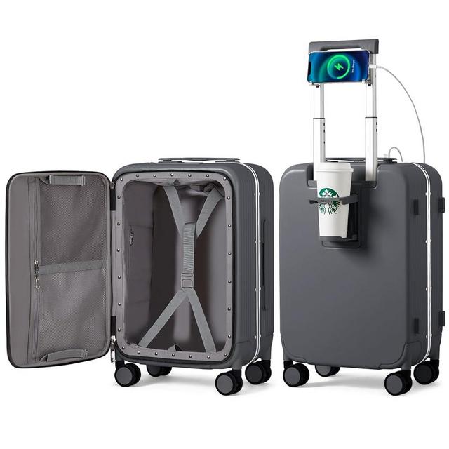 mixi Carry On Luggage with Cup Phone Holder and Charger Hard Shell Suitcases with Spinner Wheels,20 Inch Rock Gray