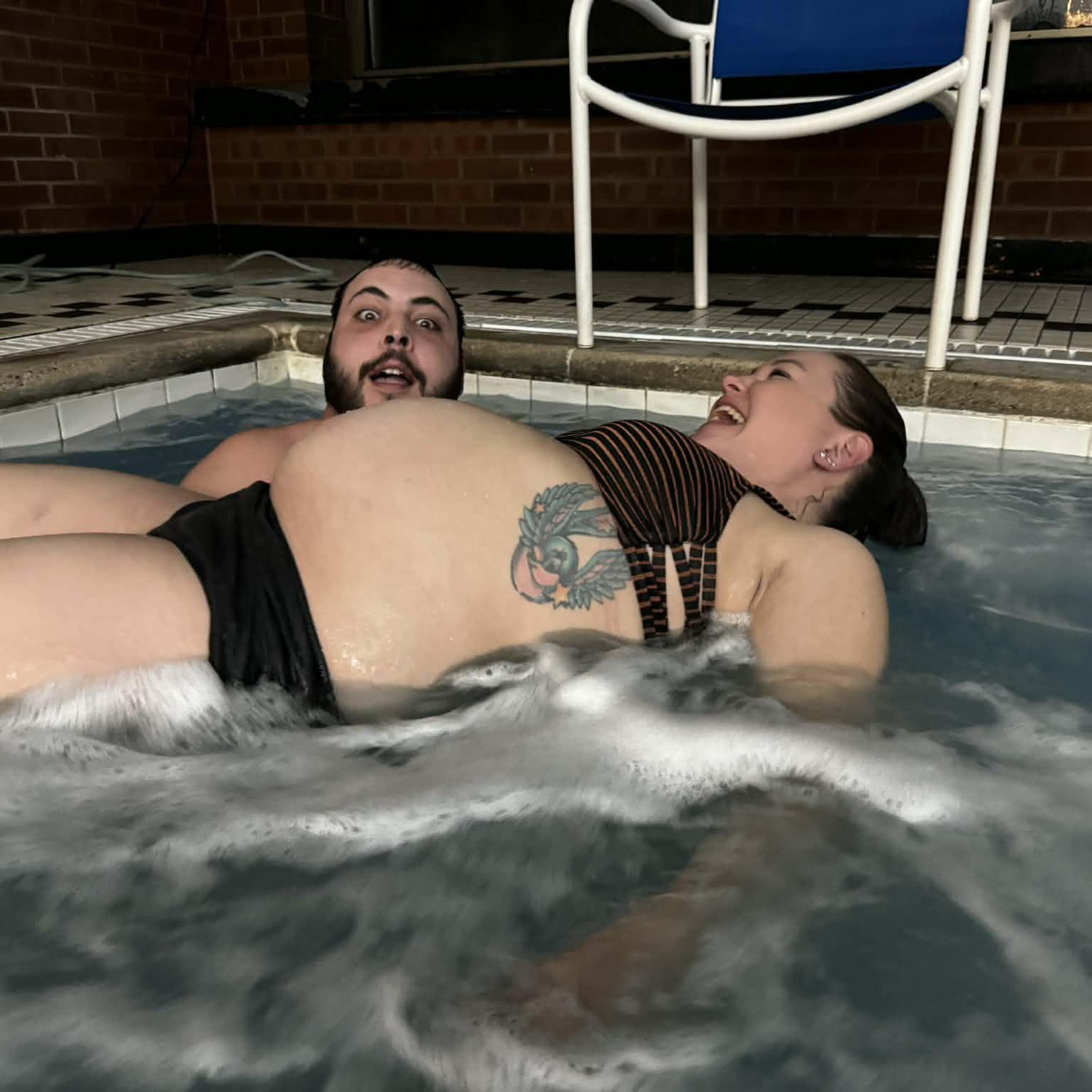 Trying to relax in the (cold) hot tub after the baby shower.