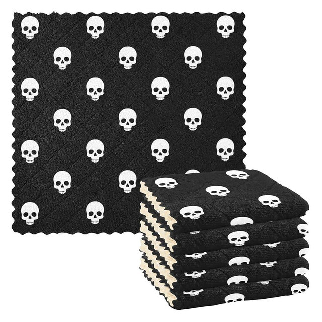 CaTaKu Black Dead Skull Kitchen Dish Cloths, Reusable Dish Rags for Washing Dishes, Microfiber Cleaning Cloths Dish Towels Washcloths for Kitchen Drying,6 Pack