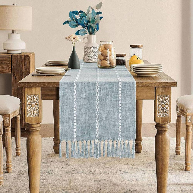 ZeeMart Farmhouse Boho Table Runner, 60 Inch Linen Braided Striped Dusty Blue