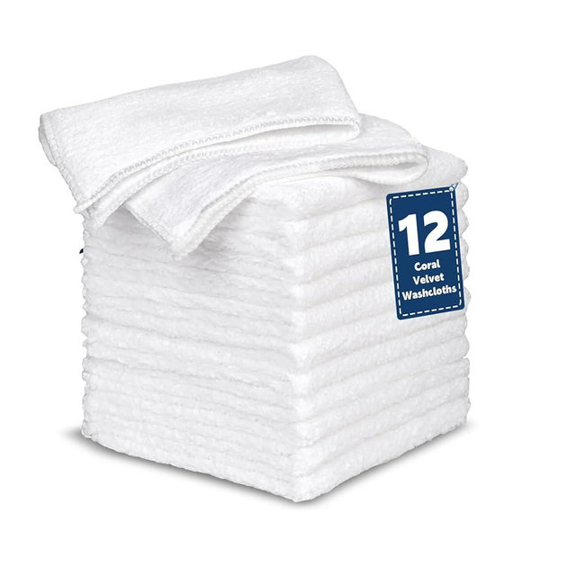 TEAWOO Coral Velvet White Washcloths 12 Pack, Highly Absorbent and Soft White Face Towels, Multi-Purpose Washcloths and Hand Towels for Bathroom, Hotel, Spa and Gym, 12 x 12 inches