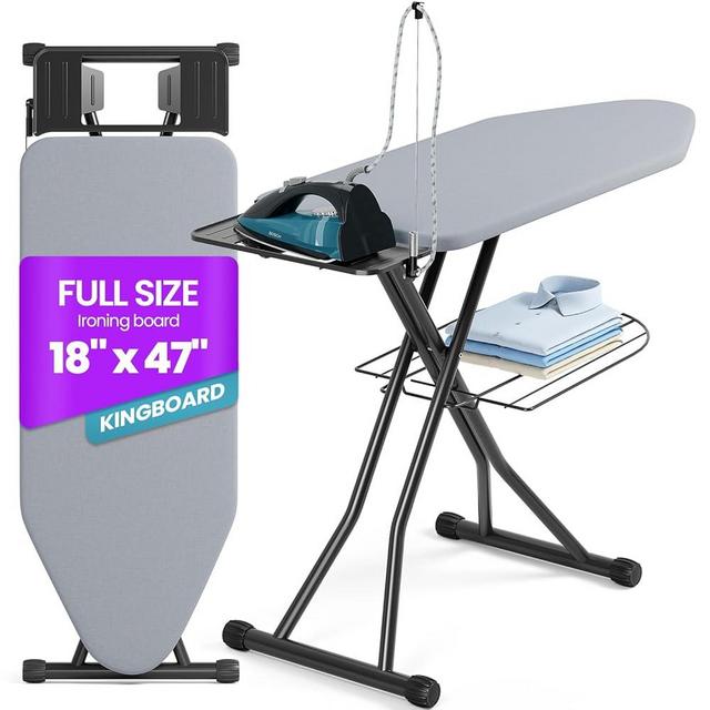 KINGBOARD Extra Wide Ironing Board 18x47 Ironing Surface with Iron Rest and Clothes Shelf, 7-Level Adjustable Foldable Iron Board with 4 Layer Heat Resistant Cover and Cord Holder, Grey