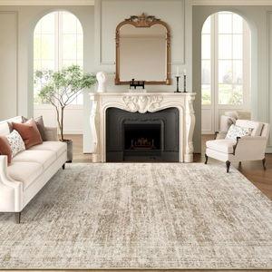 Washable Area Rug 8x10, Large Soft Rugs for Living Room Vintage Area Rugs for Bedroom Dining Room Non-Slip Stain Resistant Brown Rug Under Table Rug