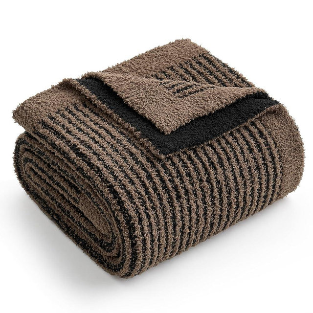 Snuggle Sac Ultra Soft Throw Blanket for Couch, Fuzzy Microfiber Knit Stripe Blankets for Couch, Sofa, Travel, Black Brown, 50x60 inches