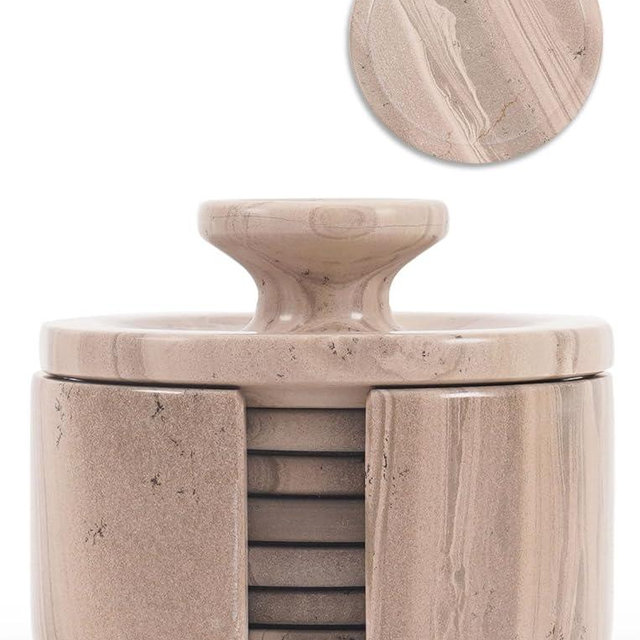 Earthen Crafts Marble Drink Coasters with Holder 3.5" Inch Natural Brown Stone Coasters for Drink with lid Set of 6