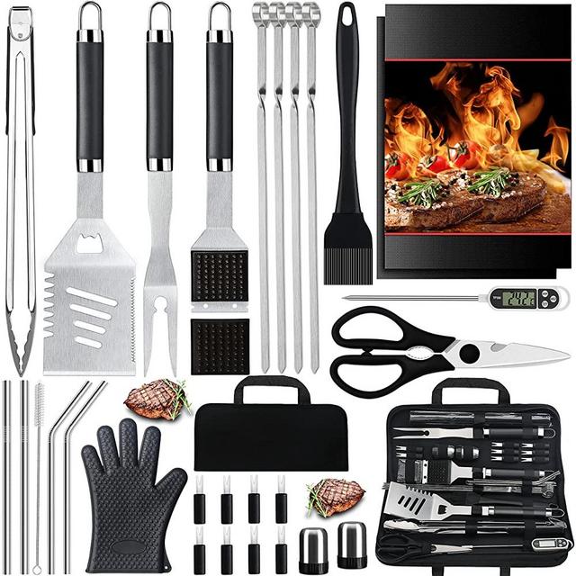 grilljoy 31PC Heavy Duty BBQ Grilling Accessories Grill Tools Set - Stainless Steel Grilling Kit with Storage Bag for Camping, Tailgating