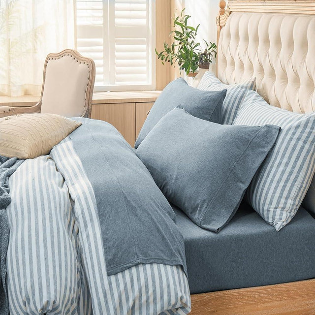 PURE ERA Jersey Knit 4pc Bed Sheet Set 100% T-Shirt Cotton Super Soft Comfy Breathable Fits Mattress Up to 20" Extra Deep Pocket (Heather Blueish Grey, Twin)