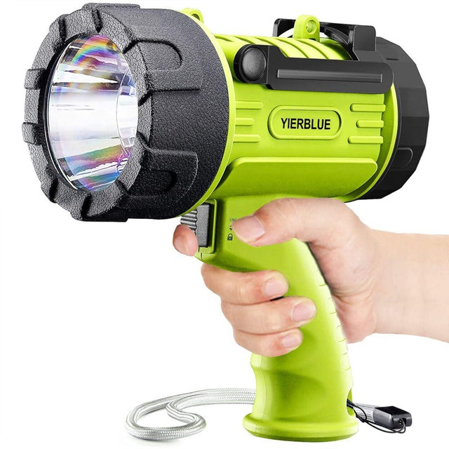YIERBLUE Rechargeable Spotlight Flashlight with 1000,000 High Lumen LED, IP67 Waterproof Long Running Spot Light searchlight, Impact Resistant Handheld Spotlight with Foldable Stand and Red Lens