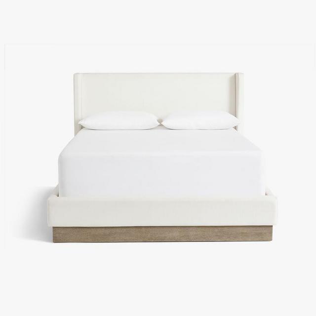 Jake Upholstered Gray Wash Wood Base Platform Bed, King, Basketweave Slub Ivory