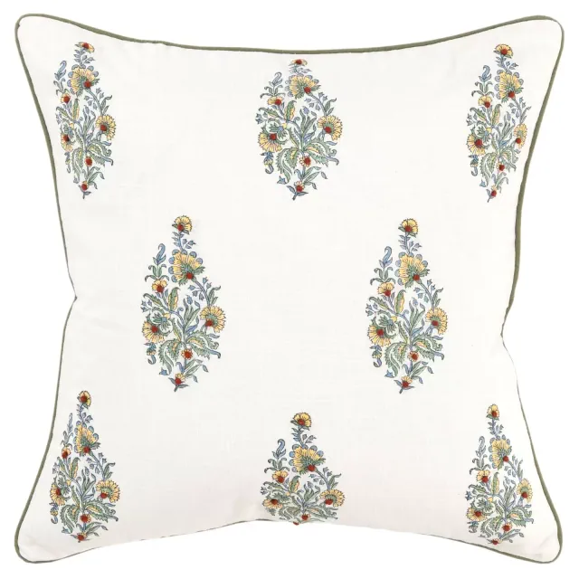 20"x20" Oversize Vintage Square Throw Pillow White/Green - Rizzy Home: Cotton Canvas, Botanical Print, French Knots
