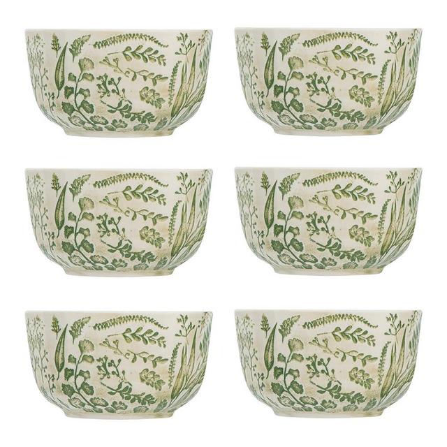 Creative Co-Op White Stoneware Hand-Stamped & Embossed Green Pattern (Set of 6 Bowls, 5" L x 5" W x 3" H, Multi