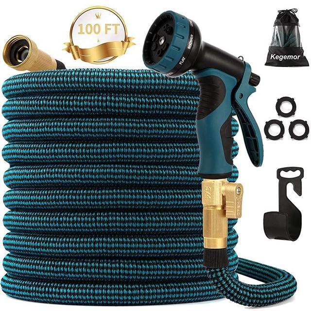 kegemor Expandable Garden Hose 100ft Upgraded,Flexible Lightweight Water Hose with 9 Way Spray Nozzle,Durable 4-Layer Latex Core,3/4” Solid Brass Fittings,Easy Store No Kink Leakproof Expanding Pipe
