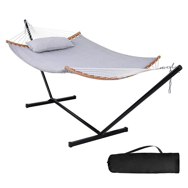 SUNCREAT Double Hammock with Stand, Outdoor Hammock with Curved Bamboo Spreader Bar, Light Blue Pattern