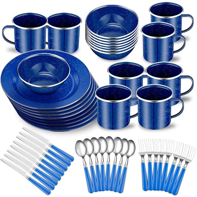 Nuogo 48 Pcs Enamel Camping Tableware Set for 8 Includes 12 oz Enamel Coffee Mugs 10.5 Inch Camping Plates 6 Inch Bowls and Camping Utensils Set Includes Knife Fork Spoon for Camping Outdoor RV