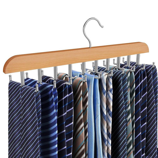 Cycleacc Tie Rack Hanger for Closet, 2 in 1 Belt Tie Hangers with 20 Folding Hooks, 360 Degree Rotating Wooden Tie Holder Organizer for Men Ties Belts Scarves Tank Tops Accessories, Wood (1 Pack)