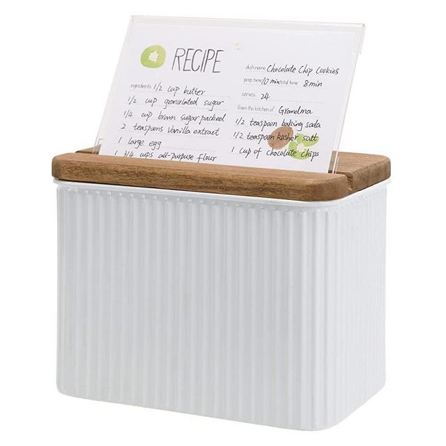NIKKY HOME Kitchen 4x6 Metal White Recipe Box with Cards and Dividers, Vertical Stripe Embossed Pattern