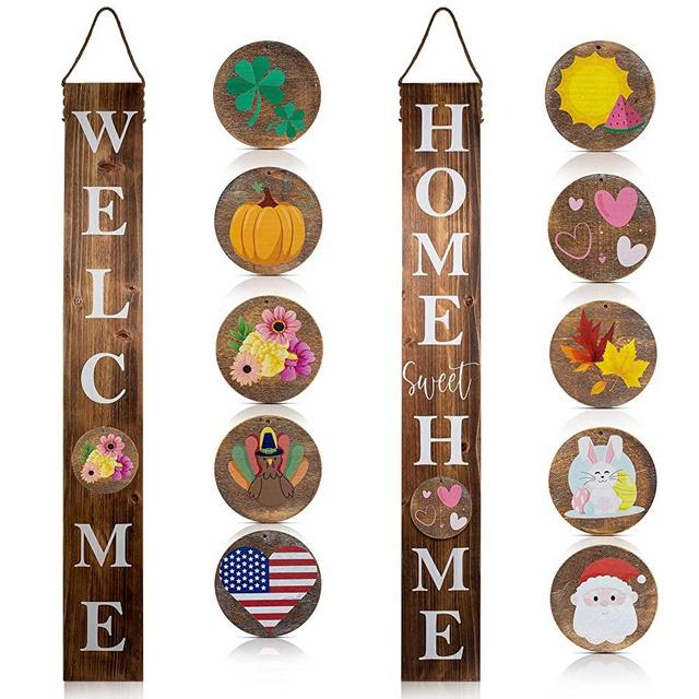 Farmhouse Welcome Sign For Seasonal Front Door Decoration - Double Sided 5 ft Tall Sign w/ 10 Elements Enhances Your Spring and Easter Decor - Standing/Hanging Sign Adds The Perfect Touch To Your Porch