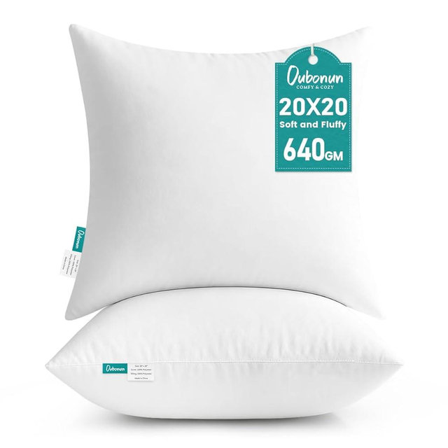 Oubonun 20 x 20 Throw Pillow Inserts - Soft, Plush & Decorative Down Alternative Pillows for Couch Sofa Bed, Machine Washable - White, Pack of 2