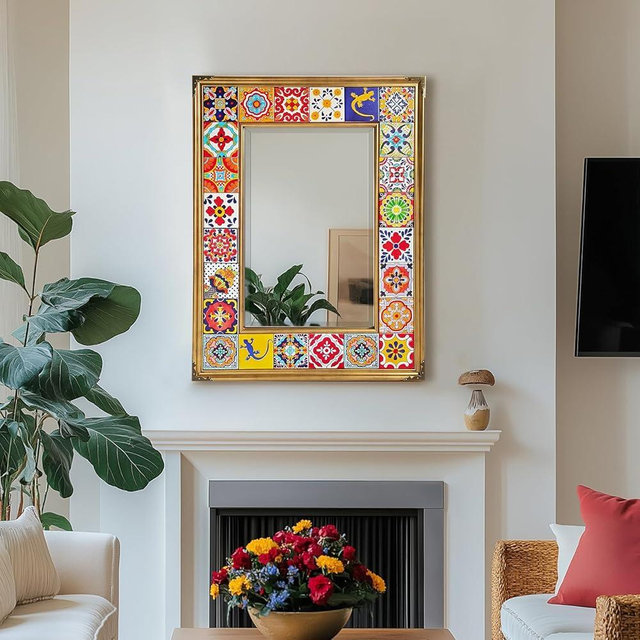 Mexican Talavera Tile Mirror, 24x18 inch Rectangle Mosaic Tile Mirror, Retro Gold Frame Bathroom Mirror for Wall, Spanish Mediterranean Tile Mirror for Entryway, Dining Room, Vanity, Living Room