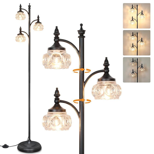JUNNAI Black Floor Lamp for Living Room,Tall Standing Lamp Dimmable Tree Floor Lamps with 3 Rotatable Lights Glass Shade 66.5'' Modern Corner Lamp for Bedroom Office(3LED Bulbs Included)